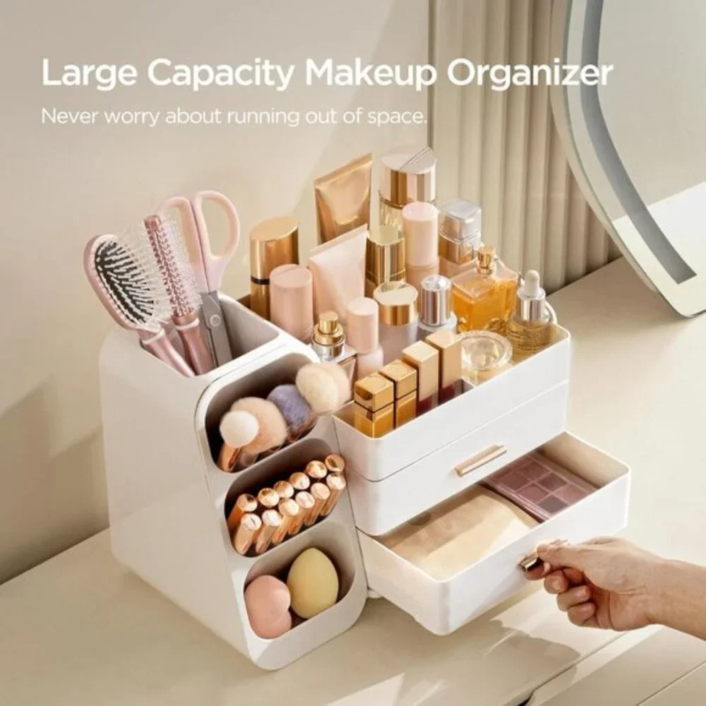 New Makeup Organizer with Brush Holder, Large White Vanity & Skincare Storage